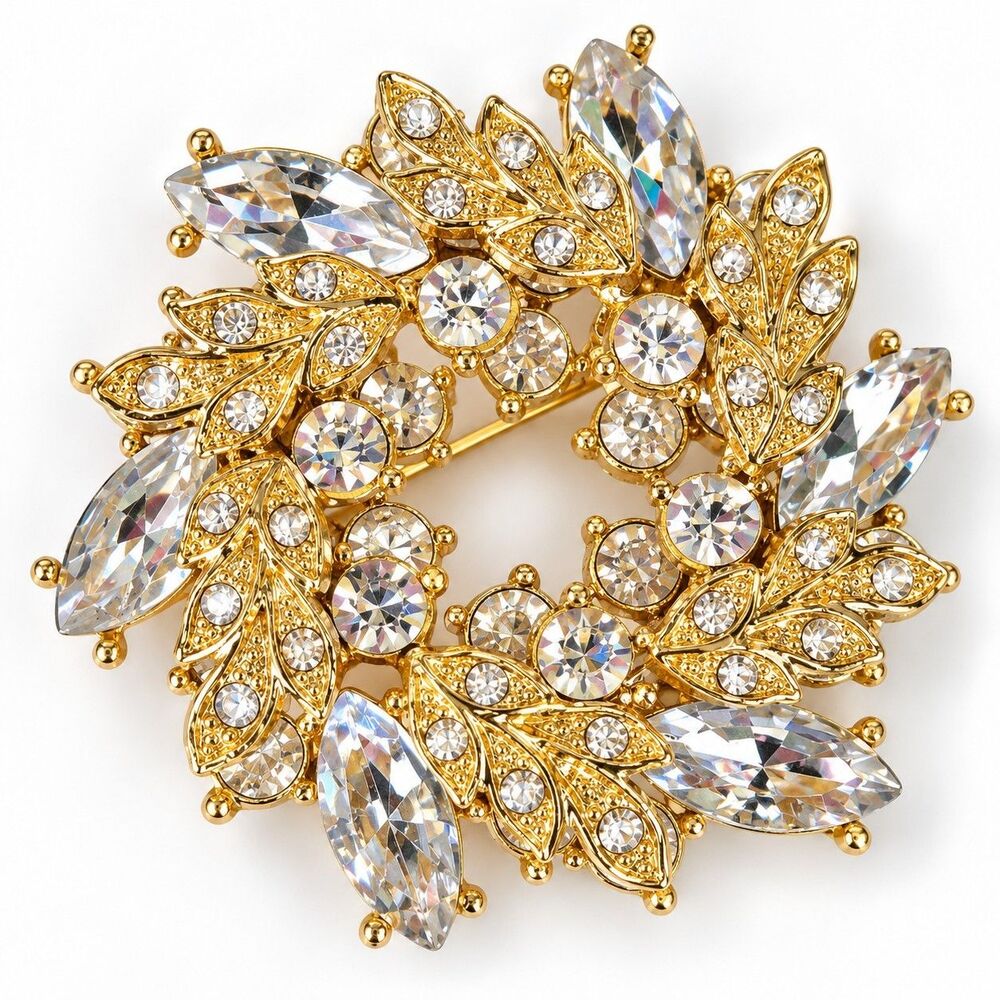 Gold Tone Clear Rhinestone Wreath Brooch Pin Floral Leaf Statement Jewelry 1429